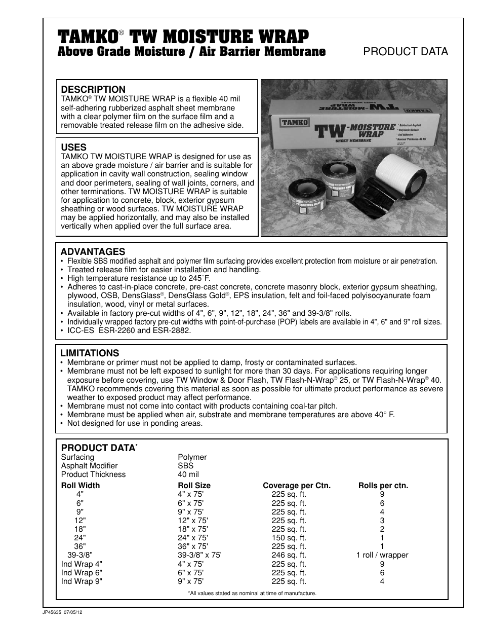 Tamko, Tw moisture wrap, Product data | Above grade moisture / air barrier membrane | TAMKO TW Moisture Wrap User Manual | Page 7 / 8