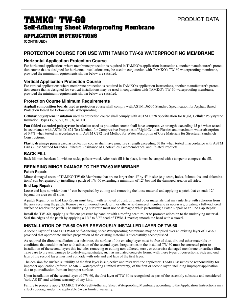 Tamko, Tw-60, Self-adhering sheet waterproofing membrane | Product data | TAMKO TW-60 User Manual | Page 2 / 4