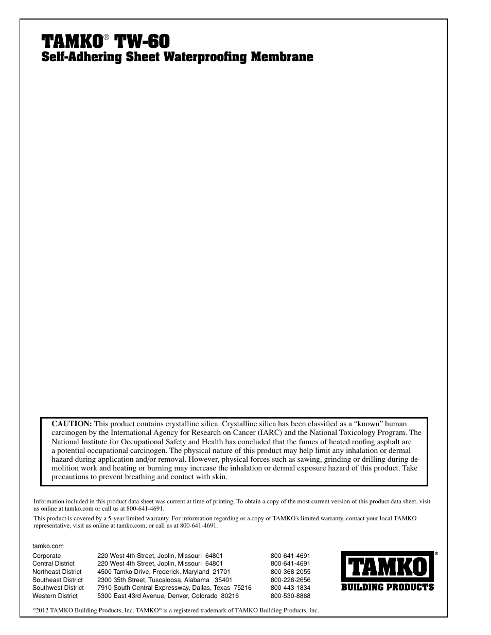Tamko, Tw-60, Self-adhering sheet waterproofing membrane | TAMKO TW-60 User Manual | Page 3 / 4