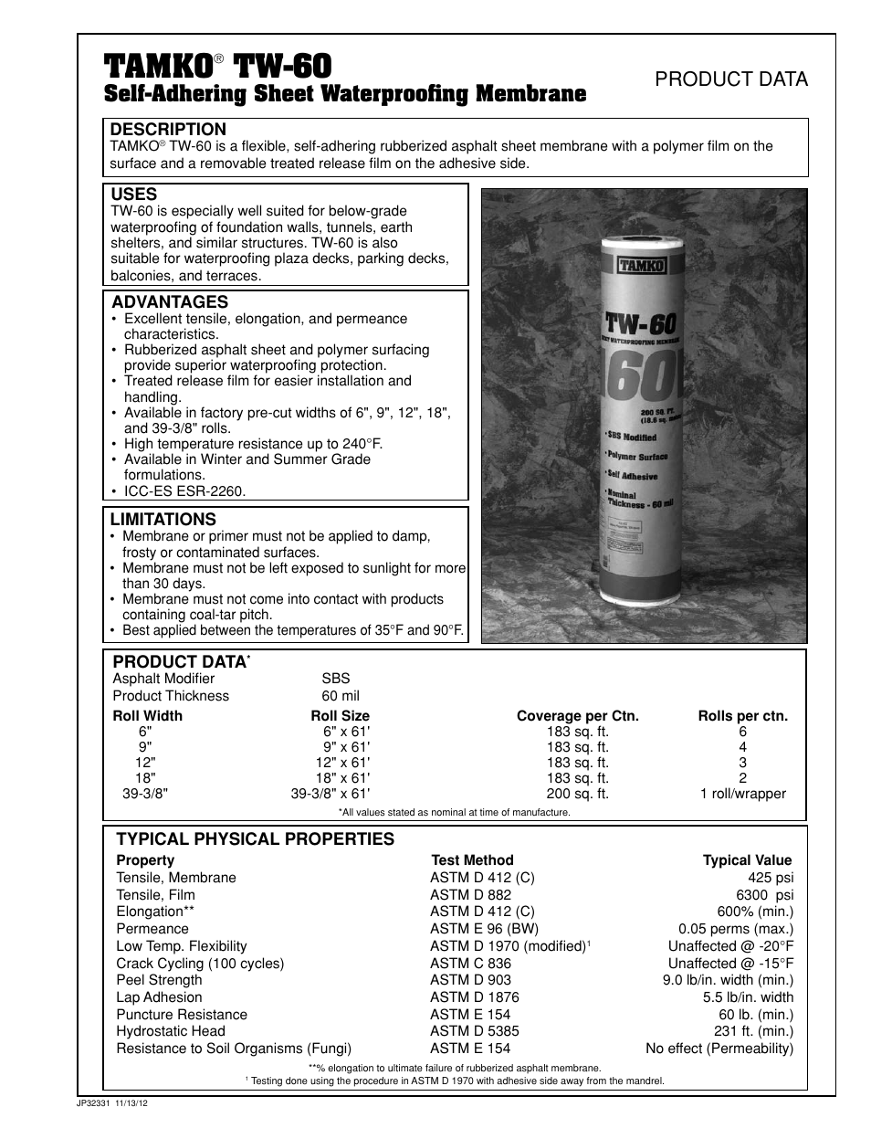Tamko, Tw-60, Product data | Self-adhering sheet waterproofing membrane | TAMKO TW-60 User Manual | Page 4 / 4