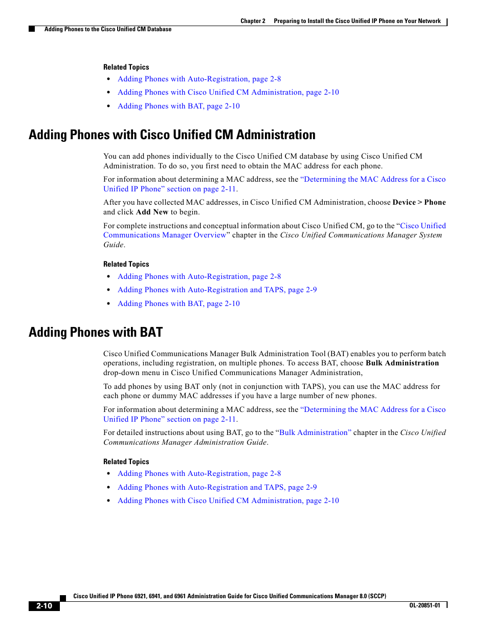 Adding phones with cisco unified cm administration, Adding phones with bat, Adding phones with | See the, Adding | Cisco 6961 User Manual | Page 10 / 12