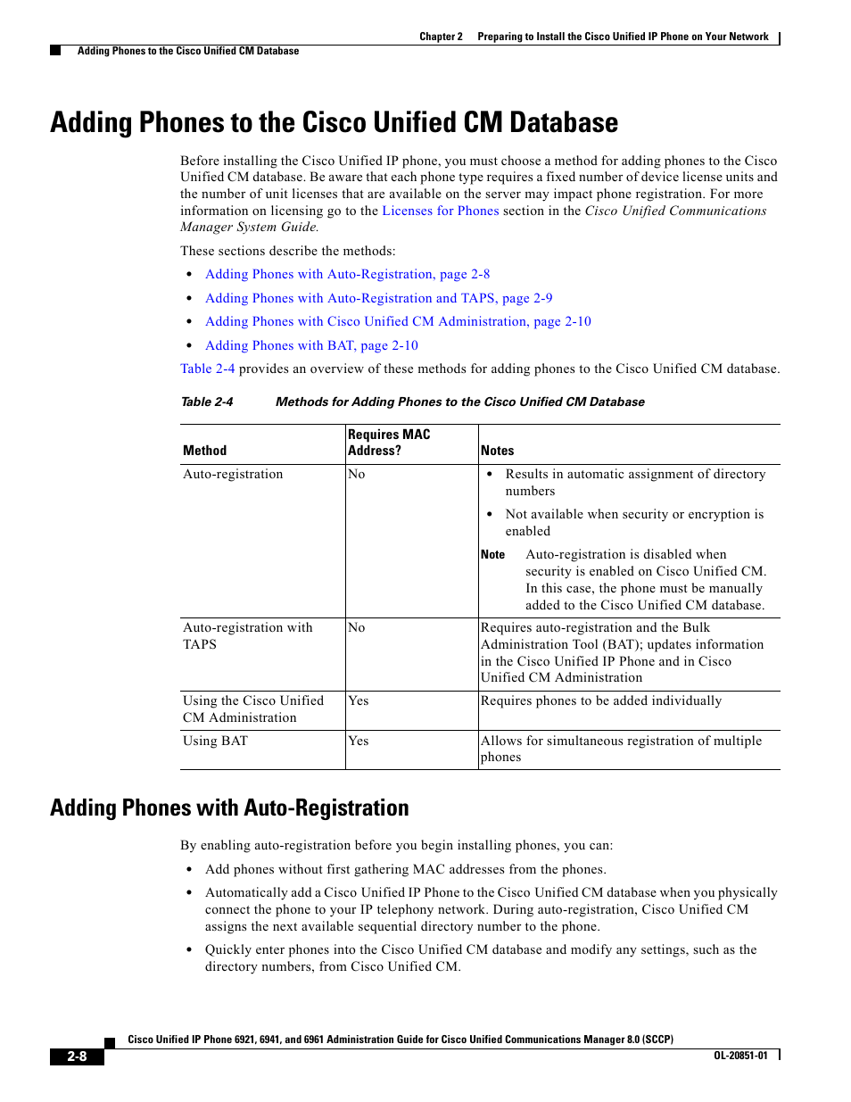 Adding phones to the cisco unified cm database, Adding phones with auto-registration | Cisco 6961 User Manual | Page 8 / 12