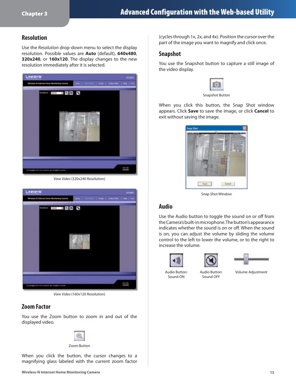 Advanced configuration with the web-based utility, Resolution, Zoom factor | Snapshot, Audio | Cisco WVC80N User Manual | Page 14 / 66