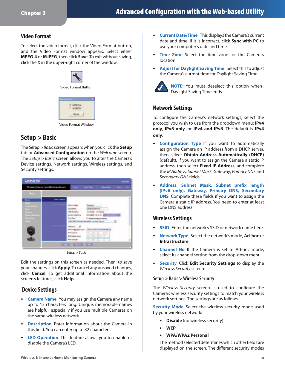 Setup > basic, Advanced configuration with the web-based utility, Video format | Device settings, Network settings, Wireless settings | Cisco WVC80N User Manual | Page 15 / 66