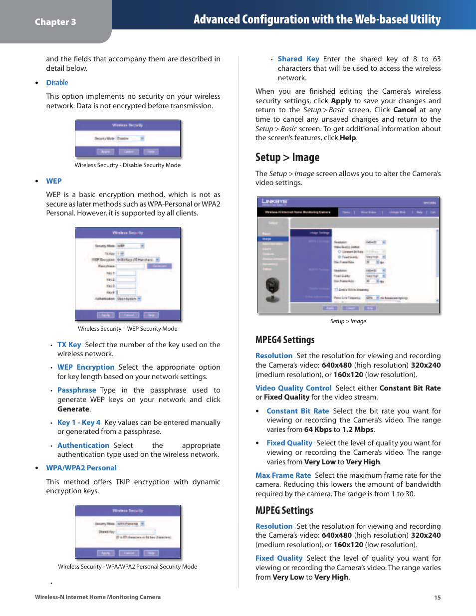 Setup > image, Advanced configuration with the web-based utility, Mpeg4 settings | Mjpeg settings | Cisco WVC80N User Manual | Page 16 / 66