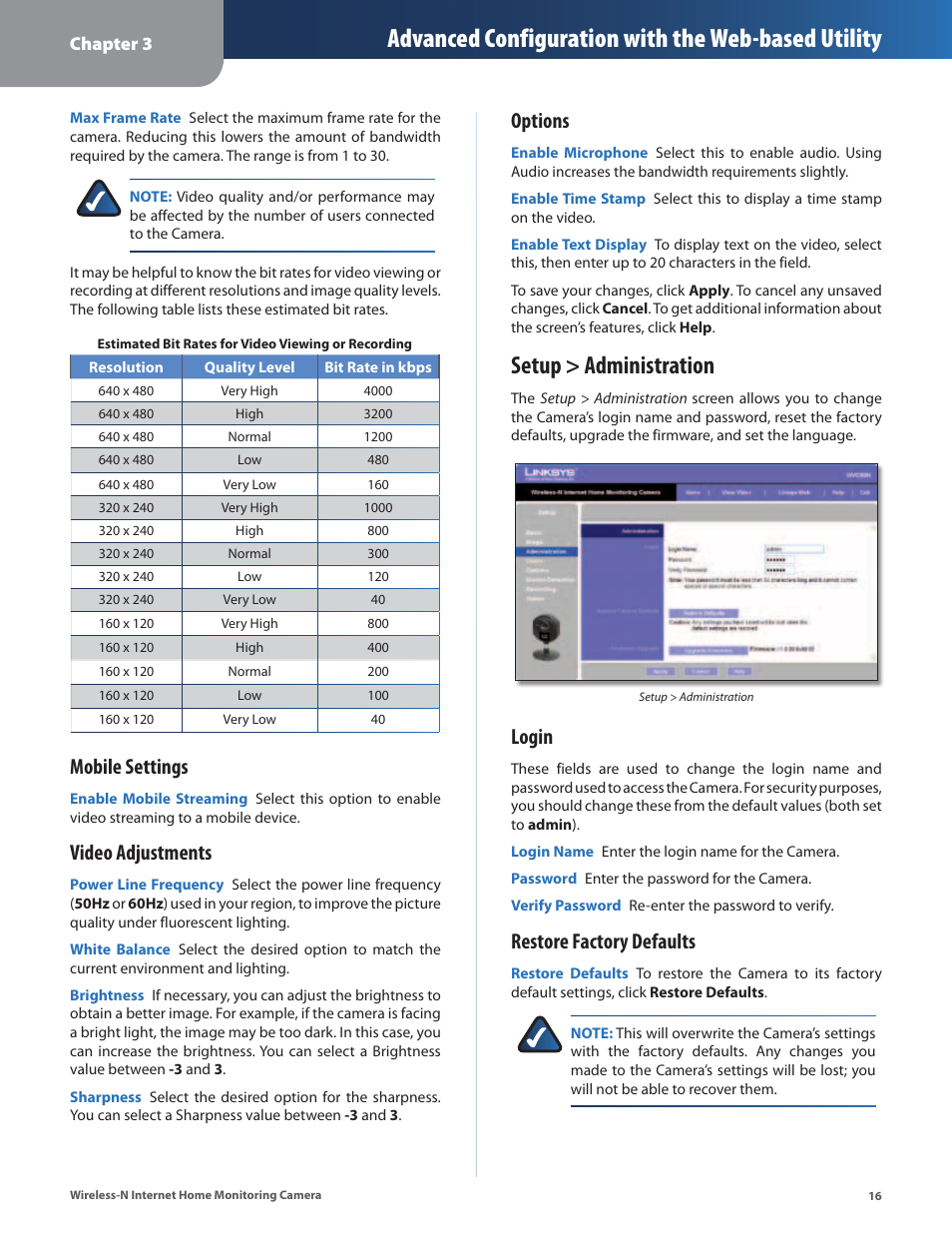 Setup > administration, Advanced configuration with the web-based utility, Mobile settings | Video adjustments, Options, Login, Restore factory defaults | Cisco WVC80N User Manual | Page 17 / 66