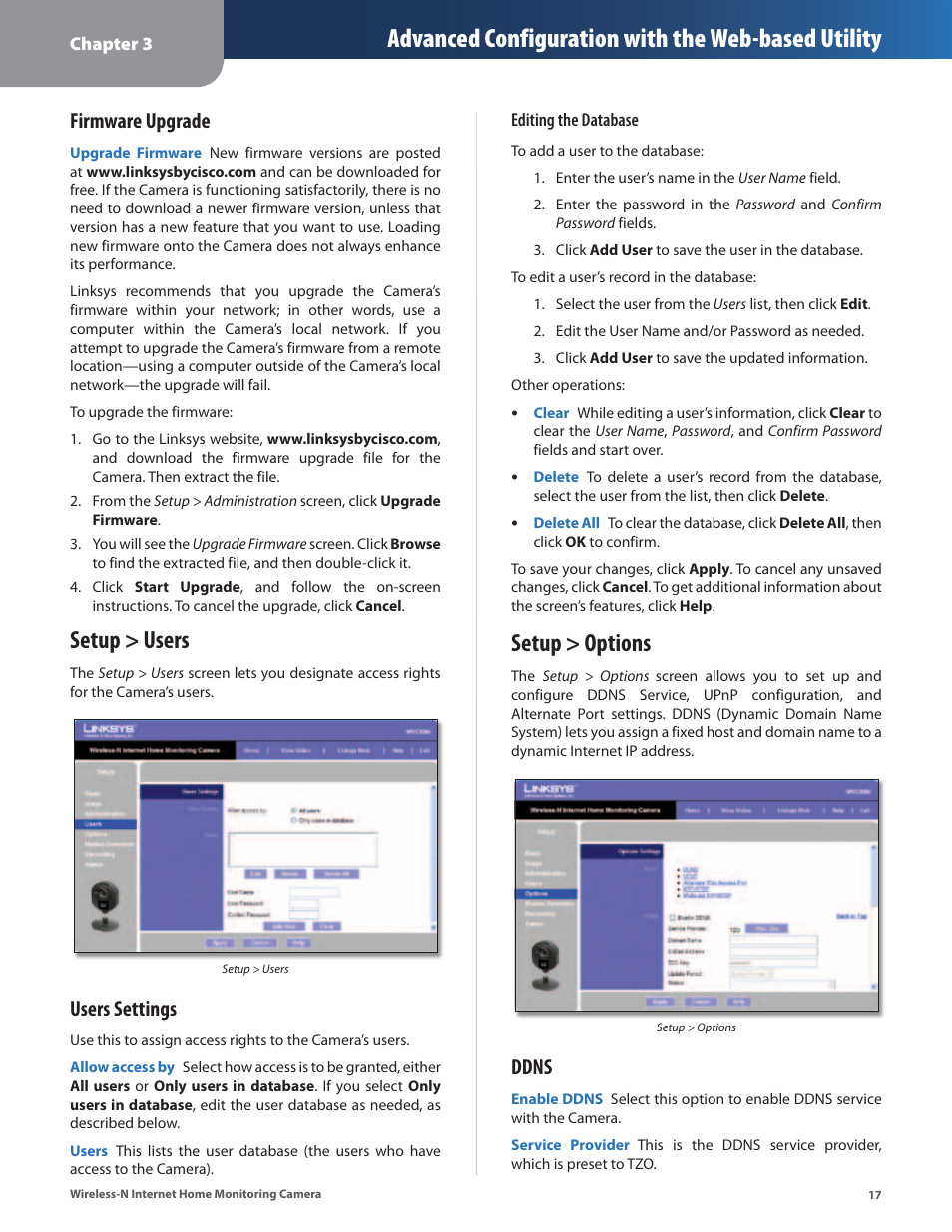 Setup > users, Setup > options, Setup > users setup > options | Advanced configuration with the web-based utility, Firmware upgrade, Users settings, Ddns | Cisco WVC80N User Manual | Page 18 / 66