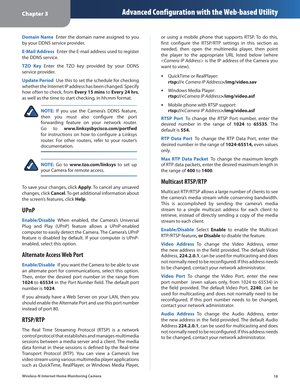 Advanced configuration with the web-based utility, Upnp, Alternate access web port | Rtsp/rtp, Multicast rtsp/rtp | Cisco WVC80N User Manual | Page 19 / 66