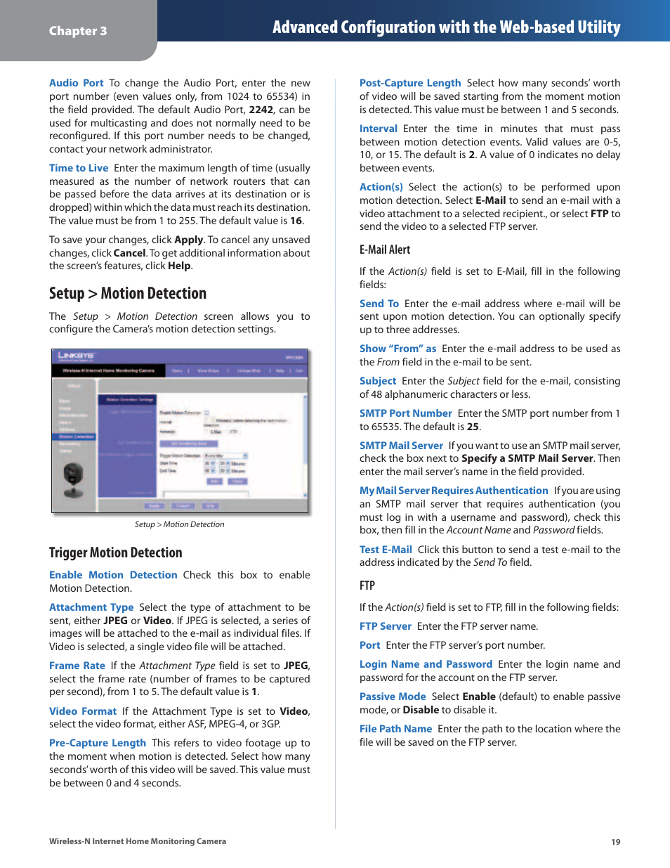 Setup > motion detection, Advanced configuration with the web-based utility, Trigger motion detection | Cisco WVC80N User Manual | Page 20 / 66