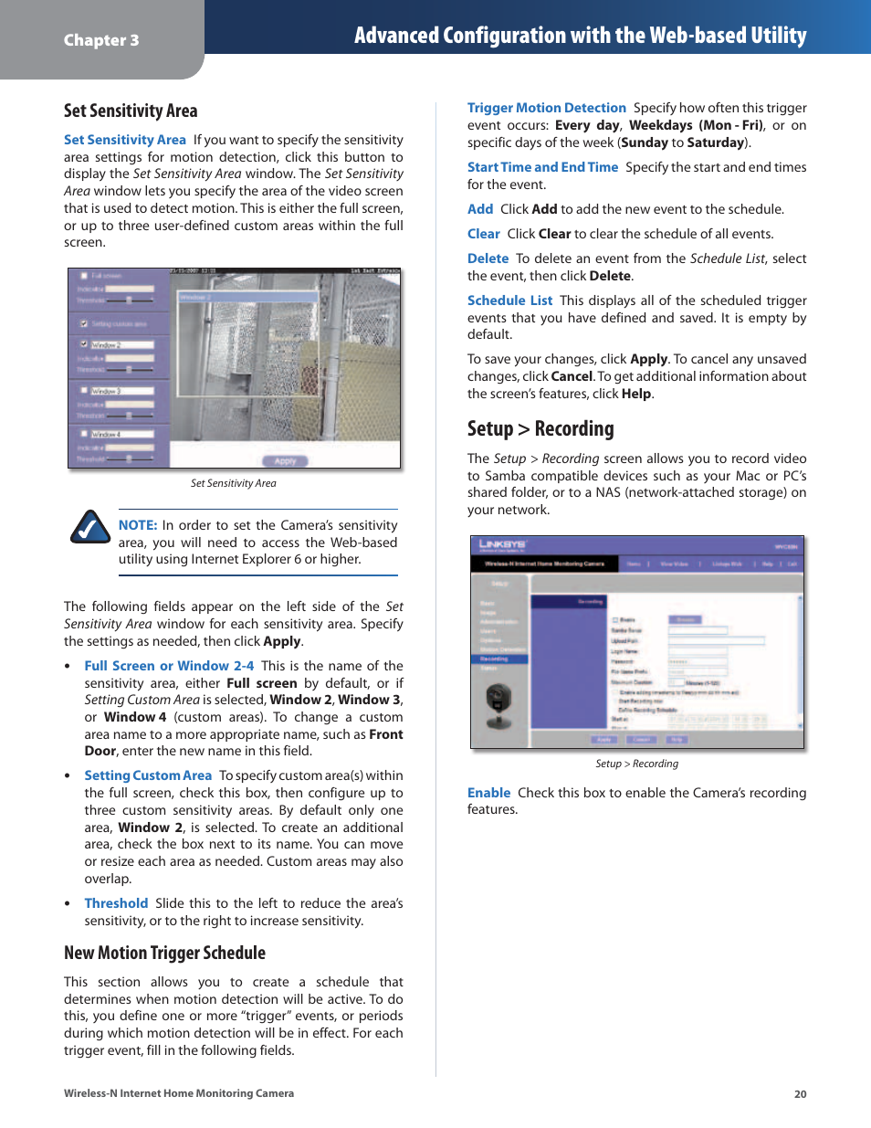 Setup > recording, Advanced configuration with the web-based utility, Set sensitivity area | New motion trigger schedule | Cisco WVC80N User Manual | Page 21 / 66