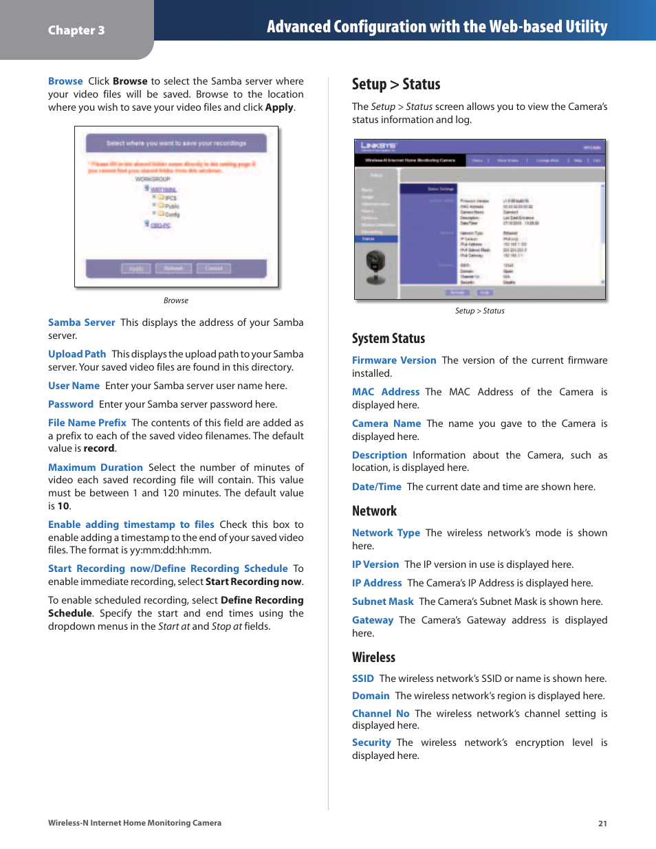 Setup > status, Advanced configuration with the web-based utility, System status | Network, Wireless | Cisco WVC80N User Manual | Page 22 / 66