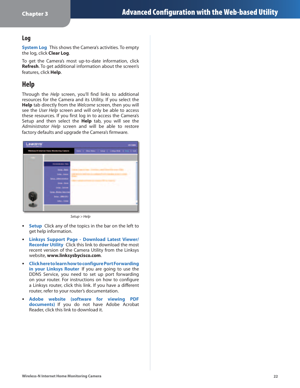 Help, Advanced configuration with the web-based utility | Cisco WVC80N User Manual | Page 23 / 66