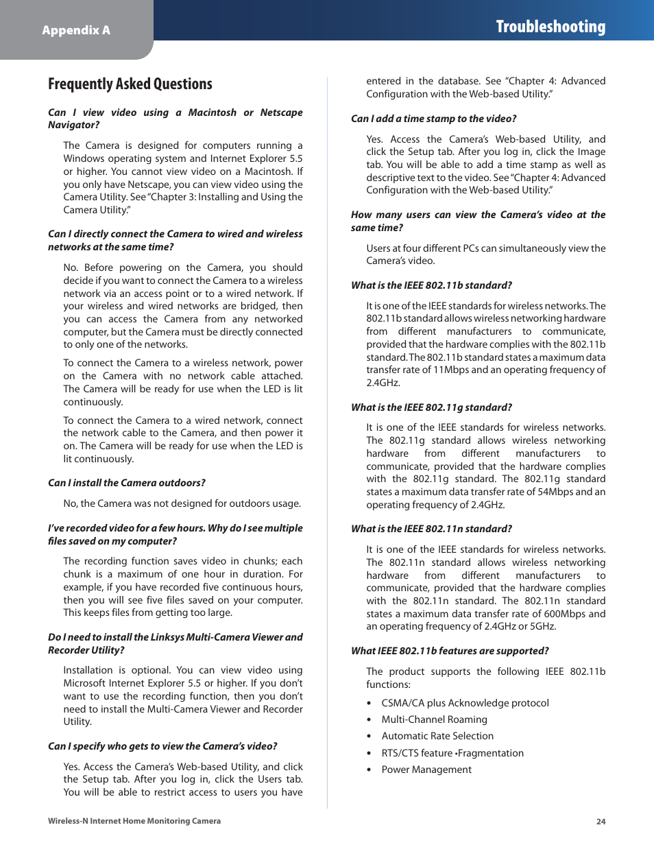 Frequently asked questions, Troubleshooting | Cisco WVC80N User Manual | Page 25 / 66