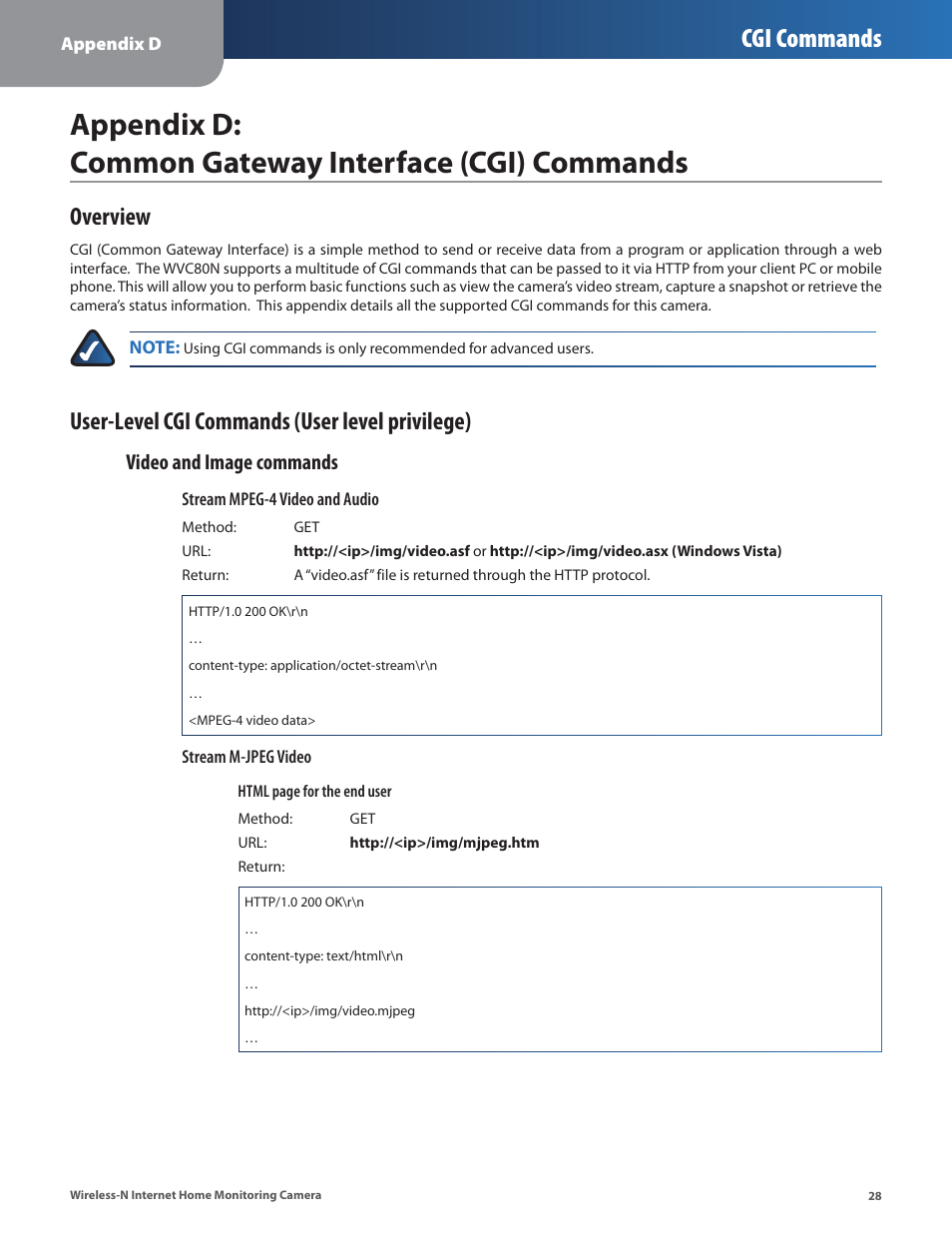Overview, User-level cgi commands (user level privilege), Cgi commands | Video and image commands | Cisco WVC80N User Manual | Page 29 / 66