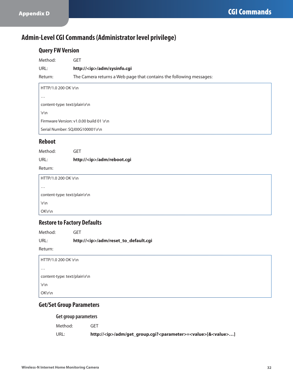 Cgi commands, Query fw version, Reboot | Restore to factory defaults, Get/set group parameters | Cisco WVC80N User Manual | Page 33 / 66