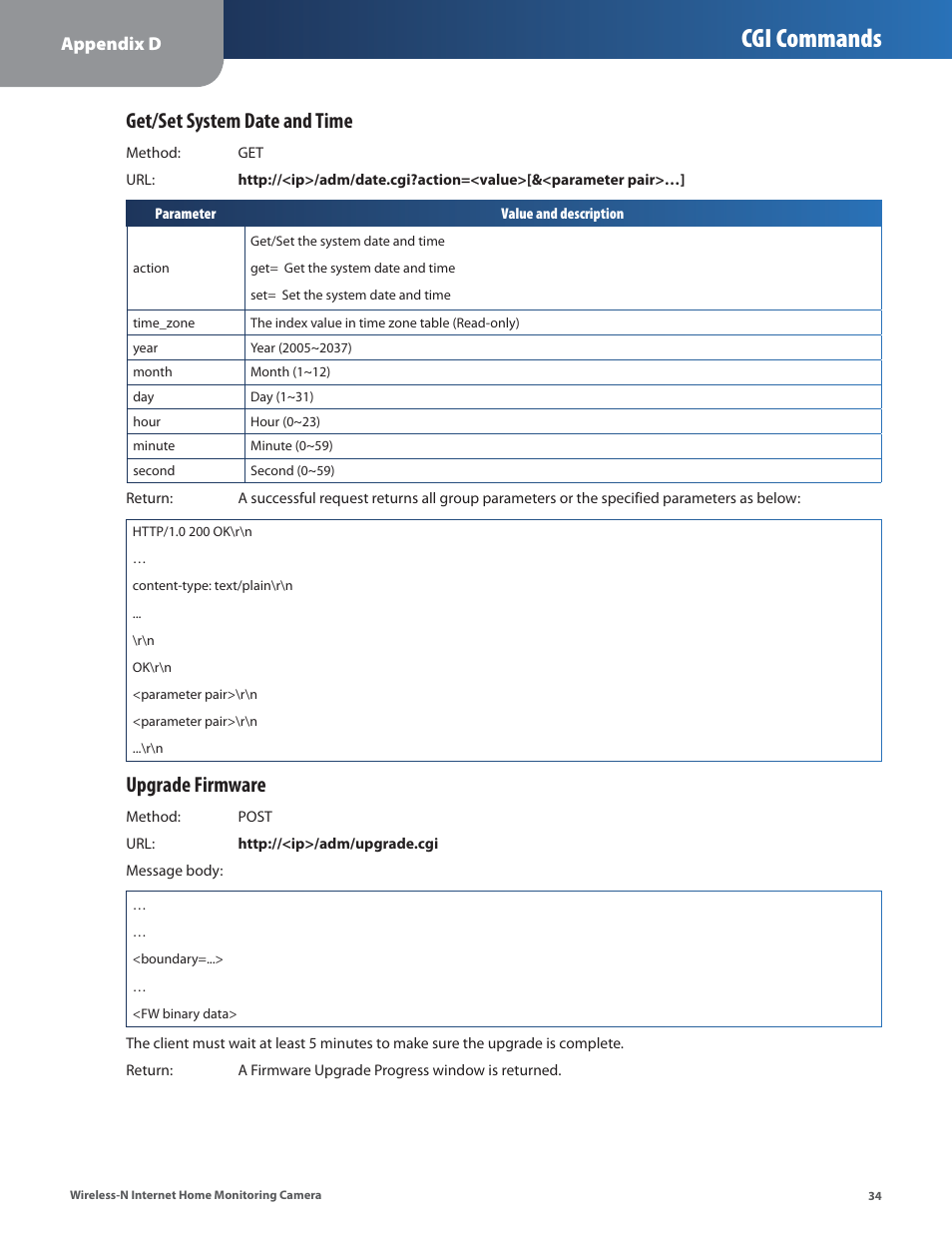 Cgi commands, Get/set system date and time, Upgrade firmware | Cisco WVC80N User Manual | Page 35 / 66