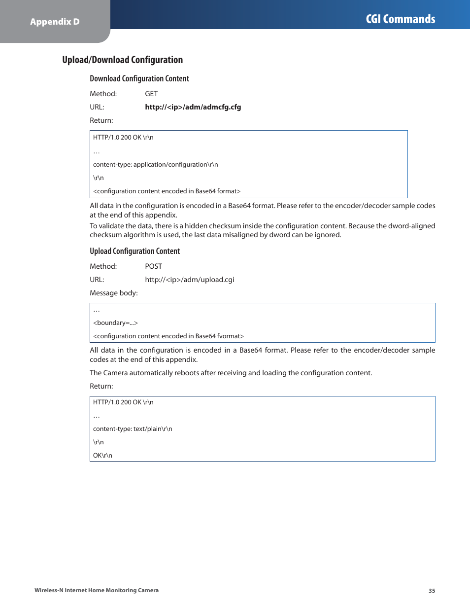 Cgi commands, Upload/download configuration | Cisco WVC80N User Manual | Page 36 / 66