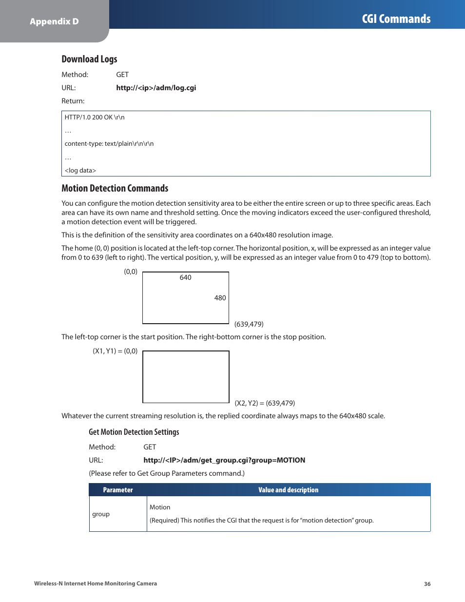 Cgi commands, Download logs, Motion detection commands | Cisco WVC80N User Manual | Page 37 / 66