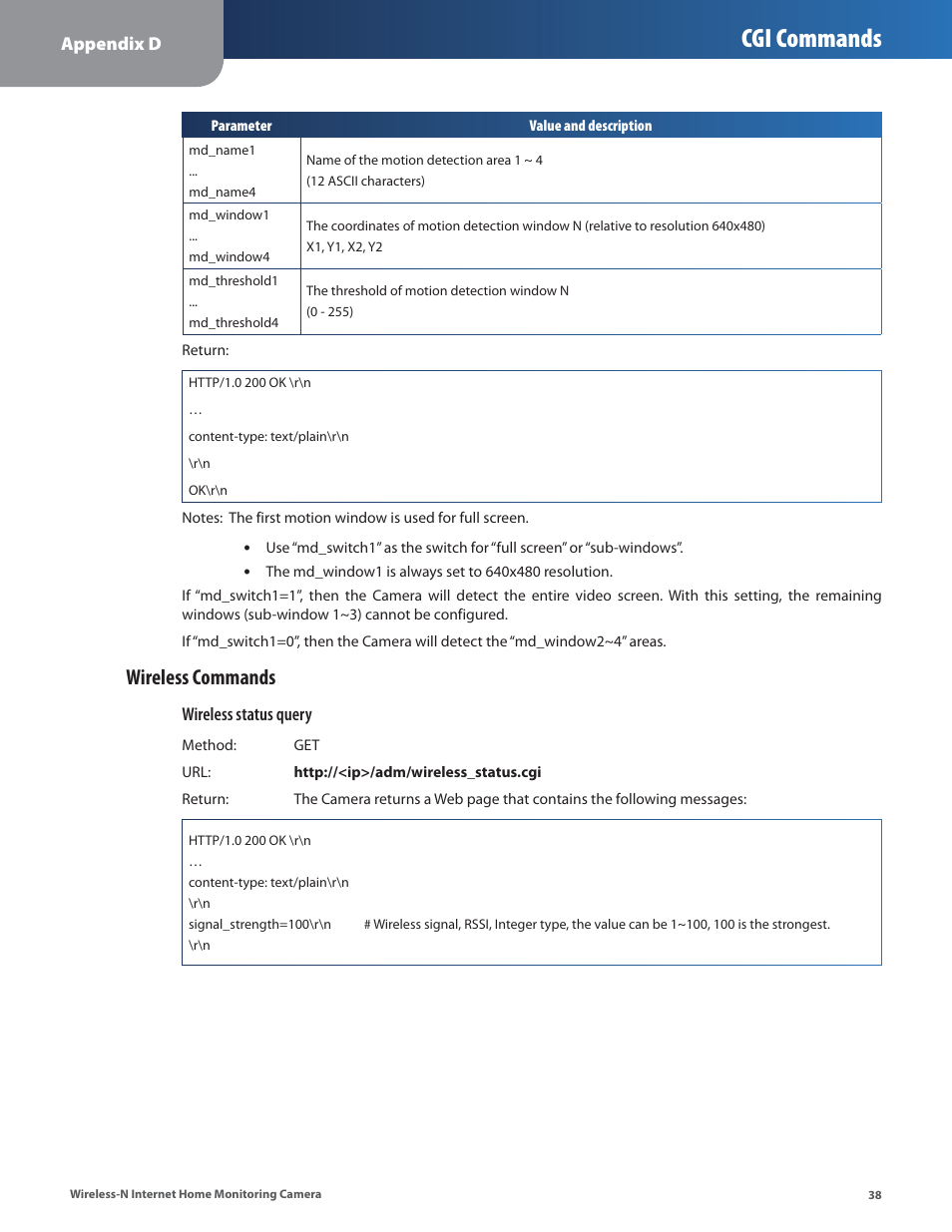 Cgi commands, Wireless commands | Cisco WVC80N User Manual | Page 39 / 66