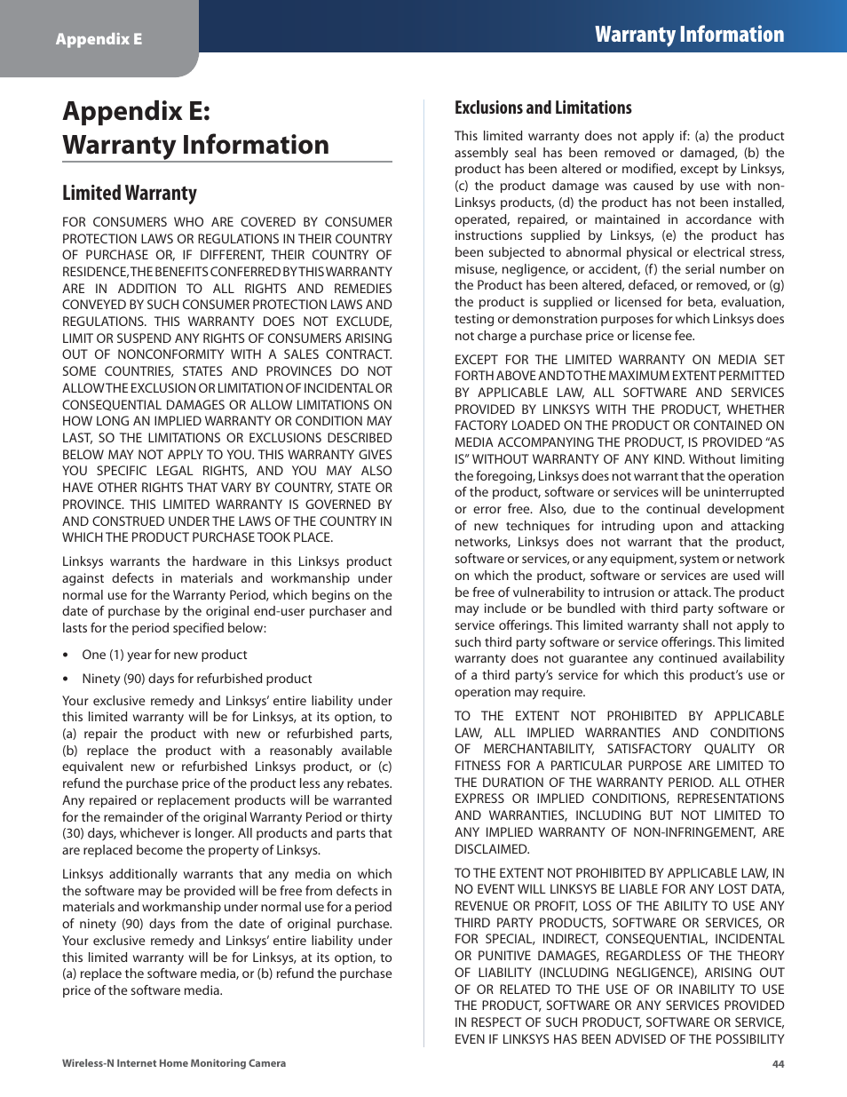 Appendix e: warranty information, Limited warranty, Warranty information | Exclusions and limitations | Cisco WVC80N User Manual | Page 45 / 66