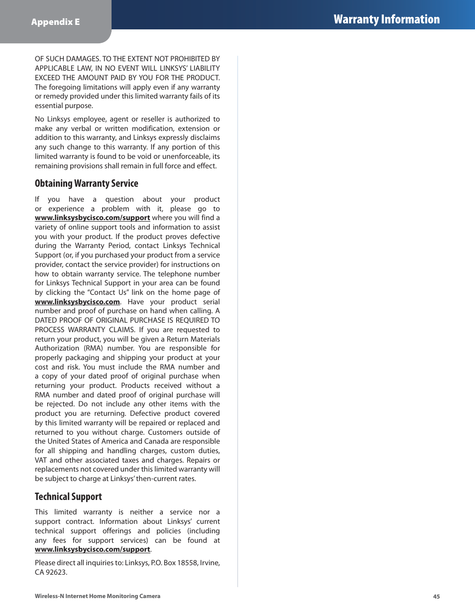 Warranty information, Obtaining warranty service, Technical support | Cisco WVC80N User Manual | Page 46 / 66