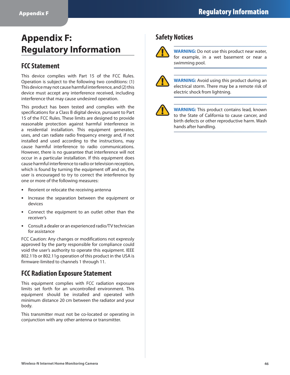 Appendix f: regulatory information, Fcc statement, Fcc radiation exposure statement | Safety notices, Regulatory information | Cisco WVC80N User Manual | Page 47 / 66