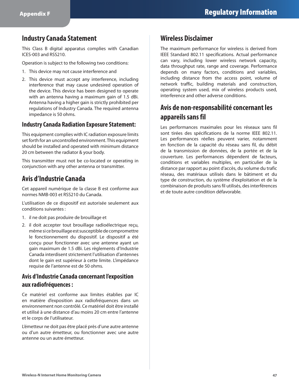 Industry canada statement, Avis d’industrie canada, Wireless disclaimer | Regulatory information | Cisco WVC80N User Manual | Page 48 / 66