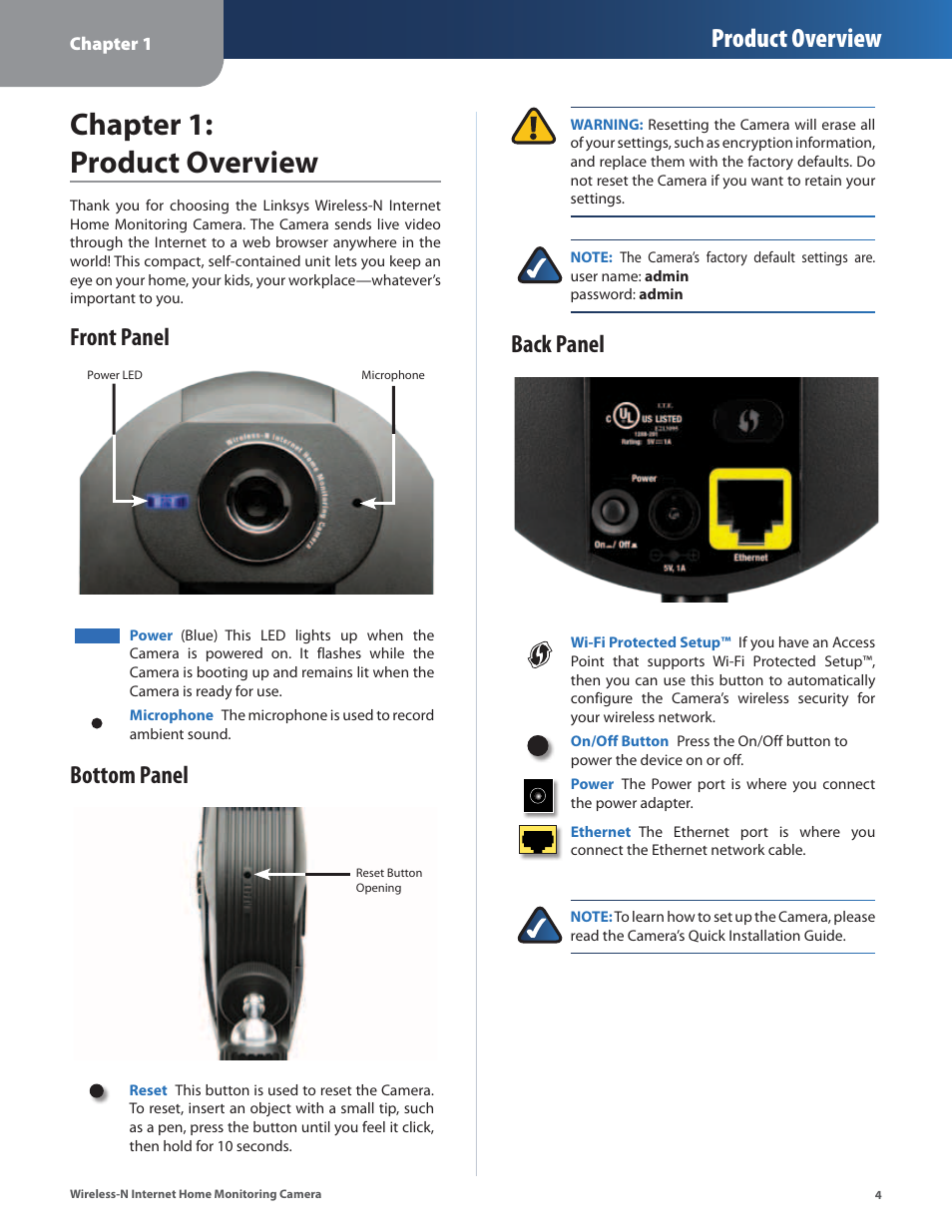 Chapter 1: product overview, Front panel, Bottom panel | Back panel, Front panel bottom panel back panel, Product overview | Cisco WVC80N User Manual | Page 5 / 66