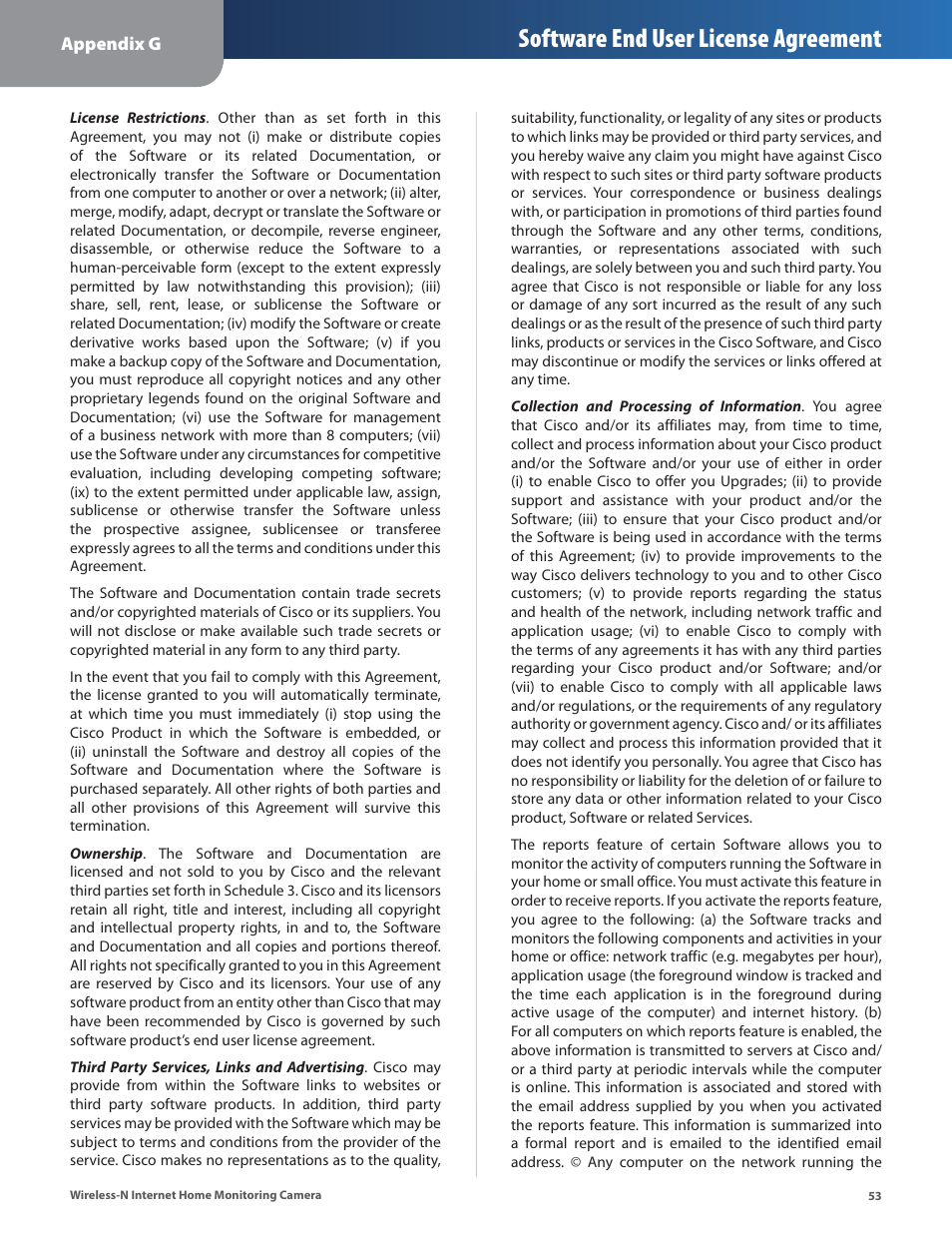 Software end user license agreement | Cisco WVC80N User Manual | Page 54 / 66