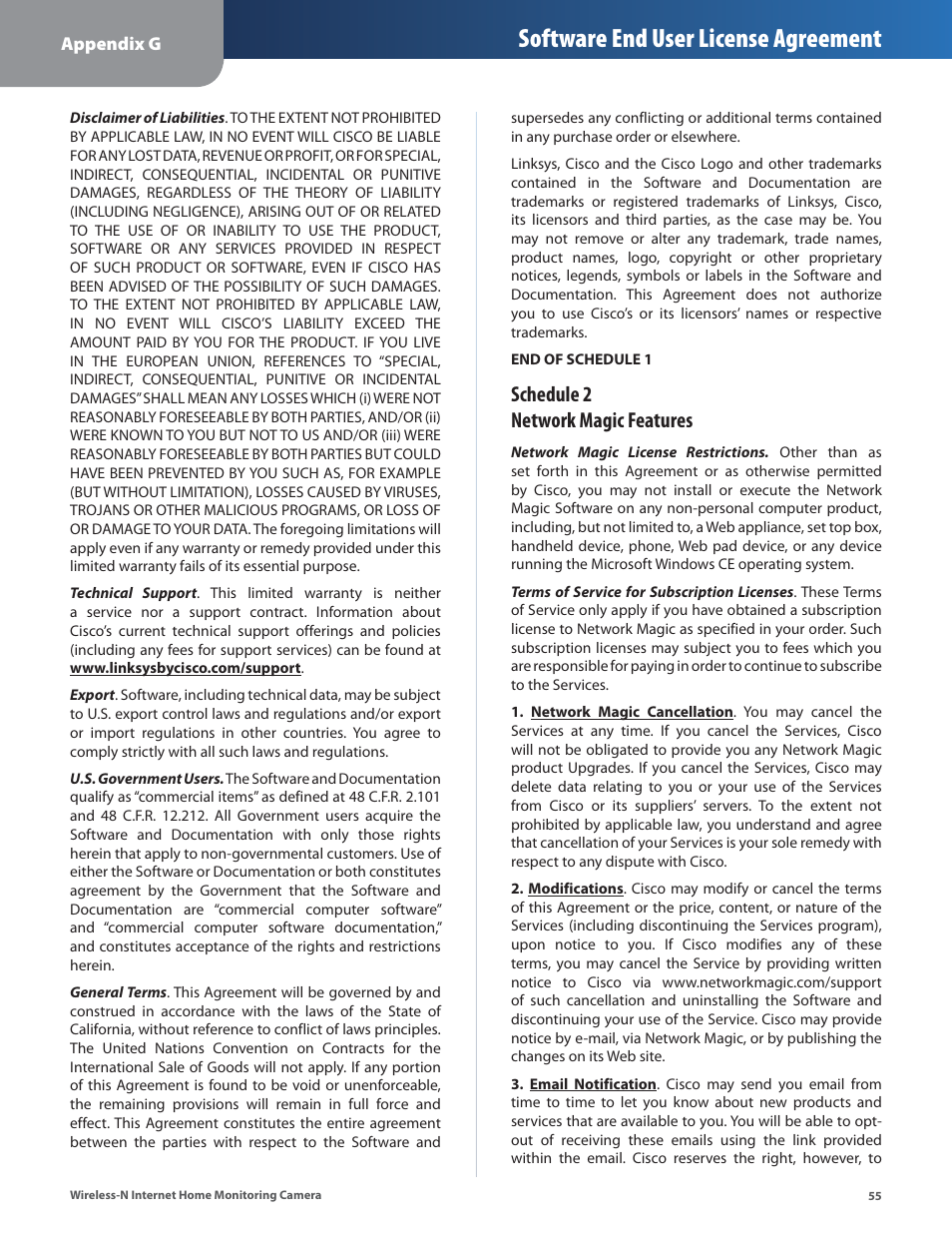 Software end user license agreement, Schedule 2 network magic features | Cisco WVC80N User Manual | Page 56 / 66