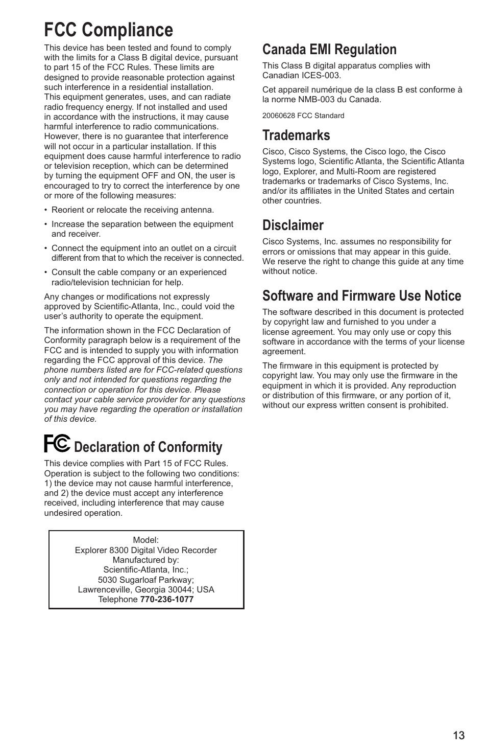 Fcc compliance, Declaration of conformity, Canada emi regulation | Trademarks, Disclaimer, Software and firmware use notice | Cisco Explorer 8300 User Manual | Page 19 / 20