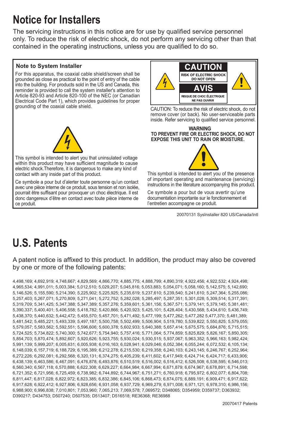 Notice for installers, U.s. patents | Cisco Explorer 8300 User Manual | Page 2 / 20