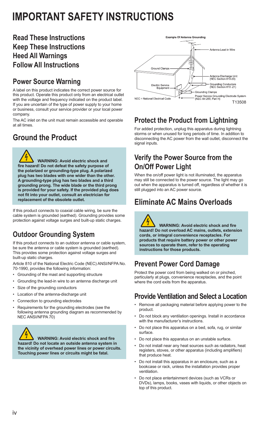 Important safety instructions, Ground the product, Eliminate ac mains overloads | Outdoor grounding system, Protect the product from lightning, Prevent power cord damage, Provide ventilation and select a location | Cisco Explorer 8300 User Manual | Page 4 / 20