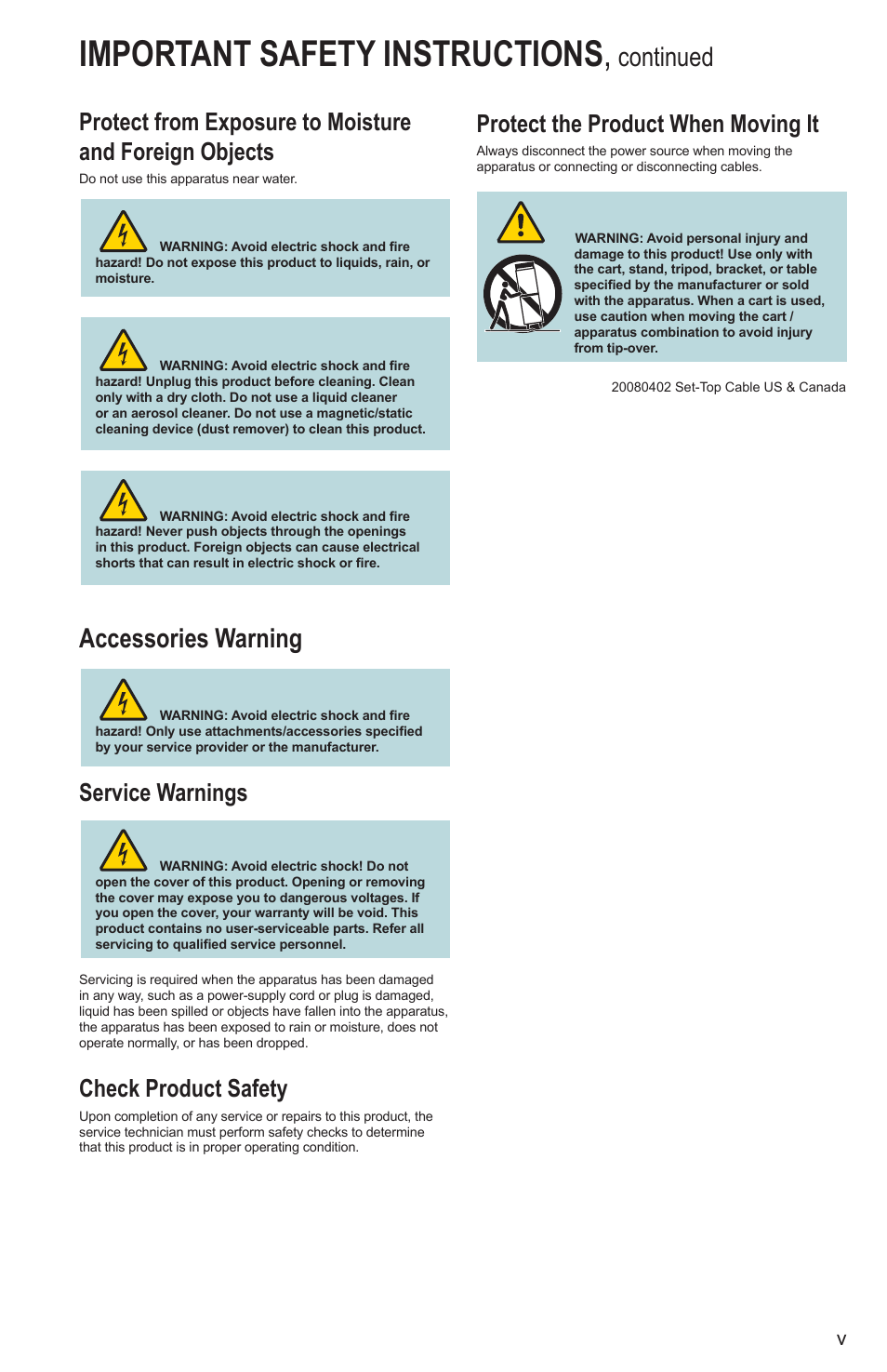 Important safety instructions, Accessories warning, Continued | Service warnings, Check product safety, Protect the product when moving it | Cisco Explorer 8300 User Manual | Page 5 / 20