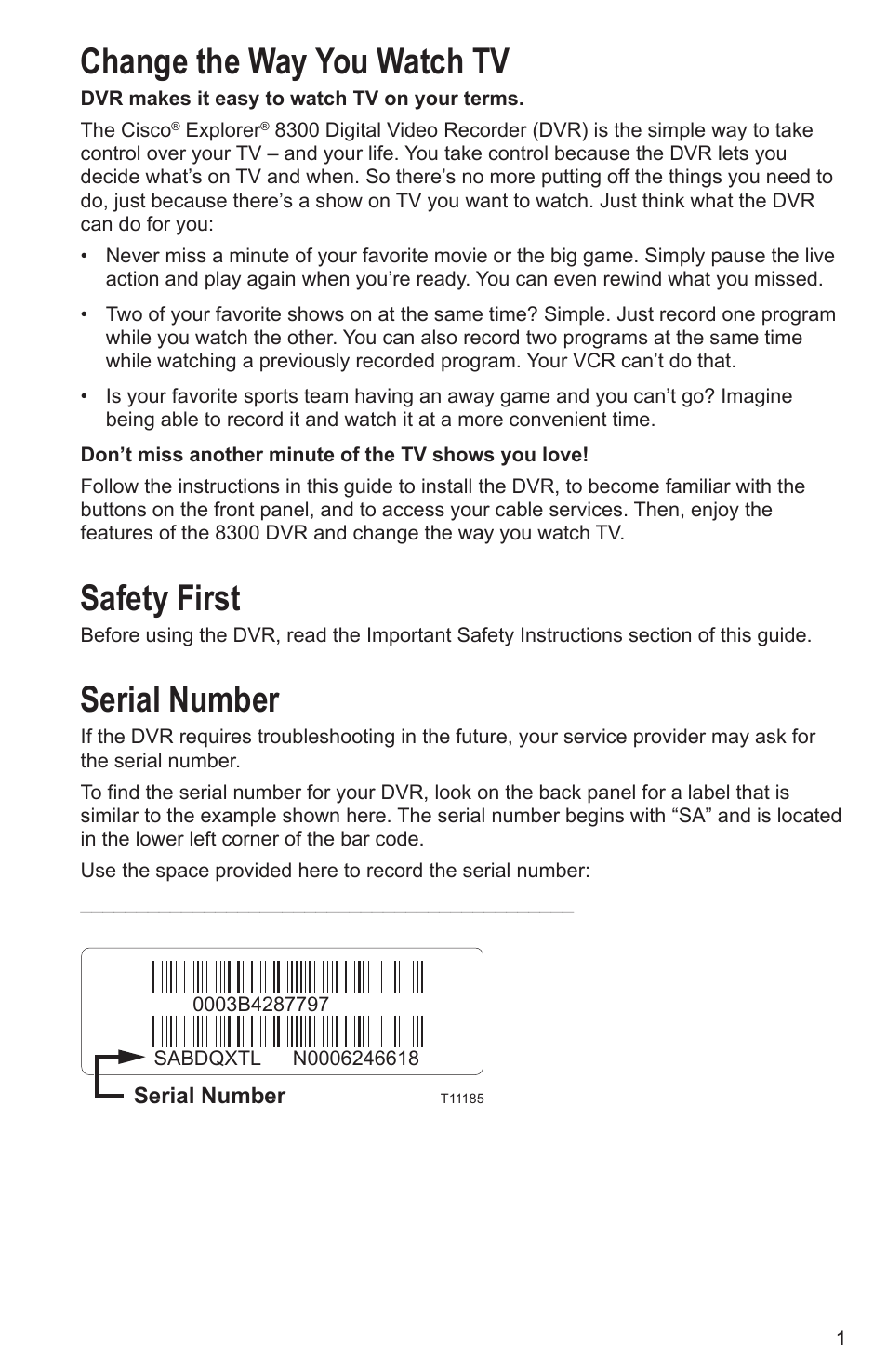 Change the way you watch tv, Safety first, Serial number | Cisco Explorer 8300 User Manual | Page 7 / 20