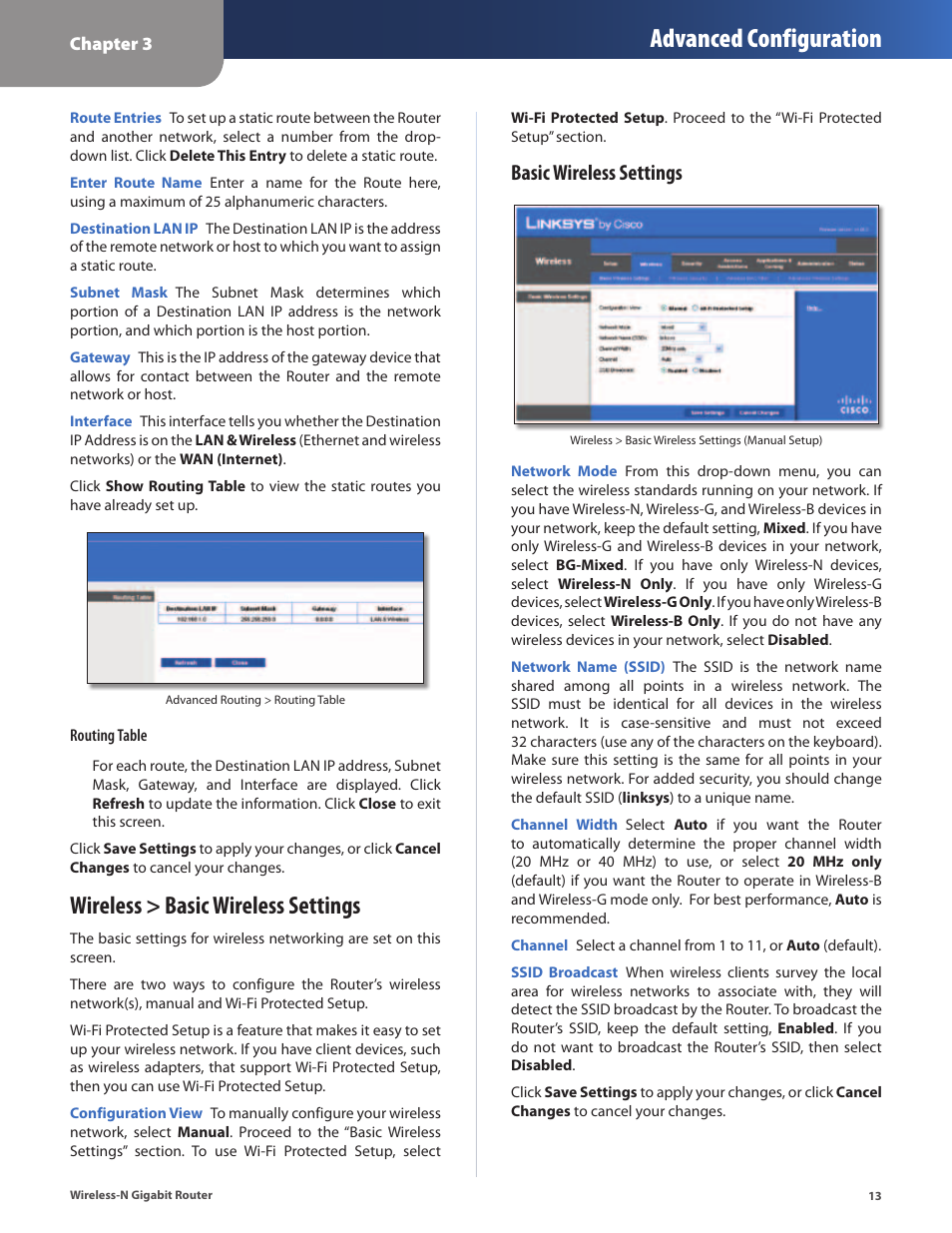Wireless > basic wireless settings, Advanced configuration, Basic wireless settings | Cisco WRT310N User Manual | Page 14 / 53