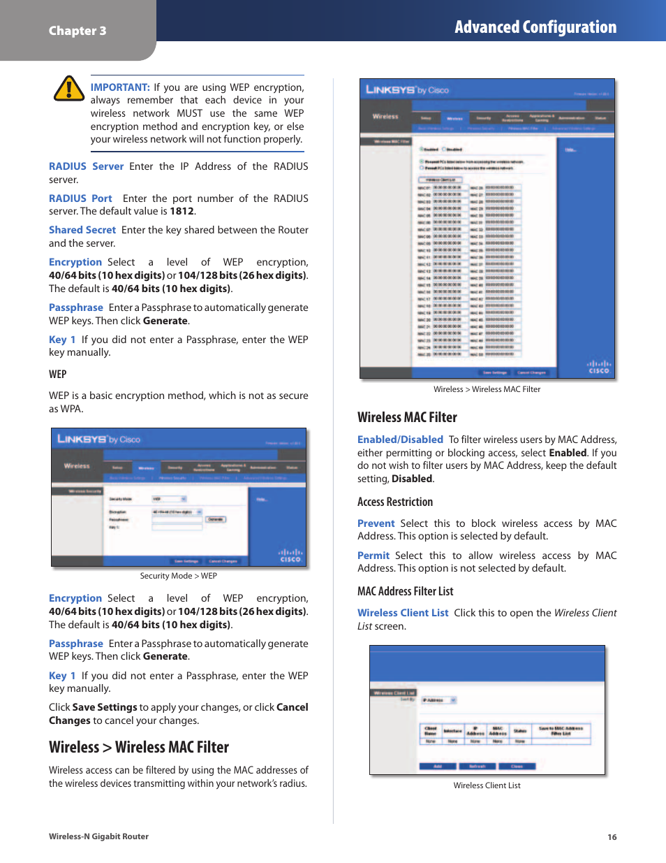 Wireless > wireless mac filter, Advanced configuration, Wireless mac filter | Cisco WRT310N User Manual | Page 17 / 53