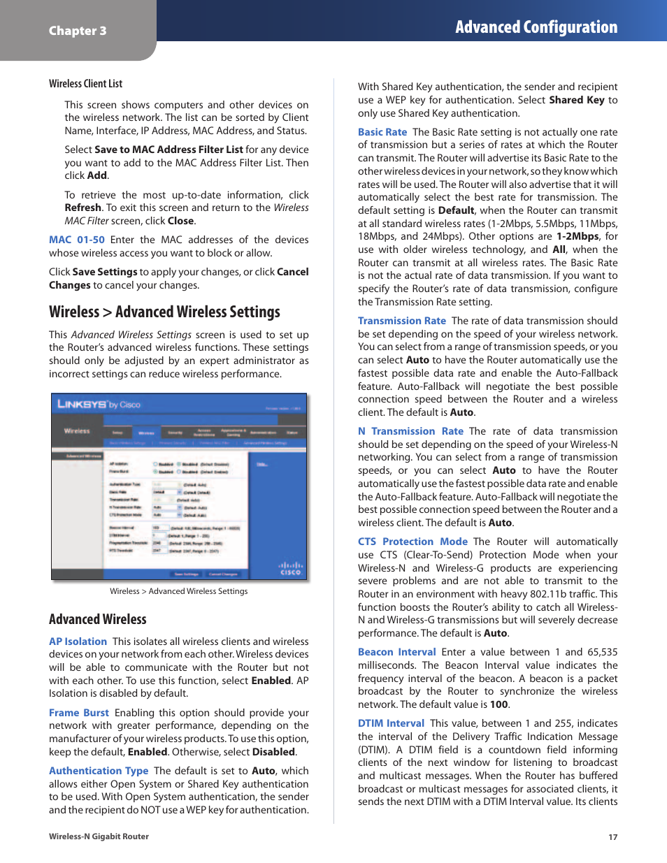 Wireless > advanced wireless settings, Advanced configuration, Advanced wireless | Cisco WRT310N User Manual | Page 18 / 53