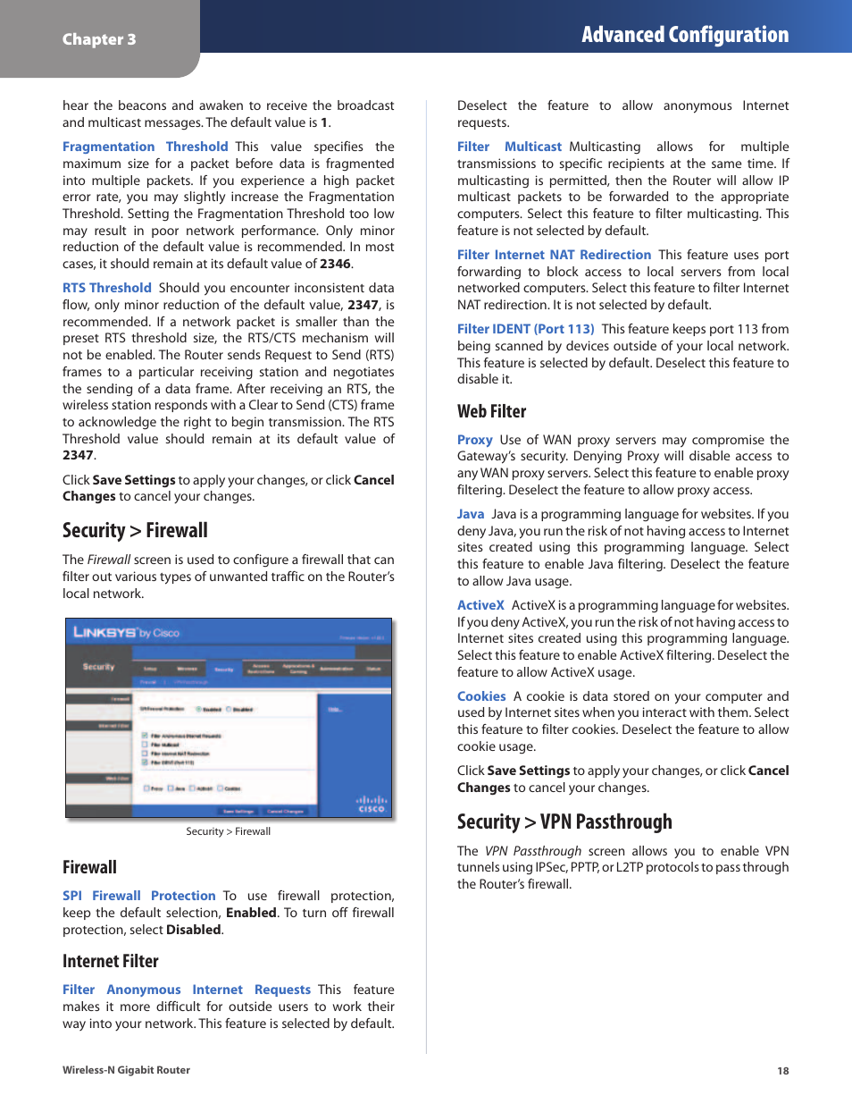 Security > firewall, Security > vpn passthrough, Security > firewall security > vpn passthrough | Advanced configuration, Firewall, Internet filter, Web filter | Cisco WRT310N User Manual | Page 19 / 53