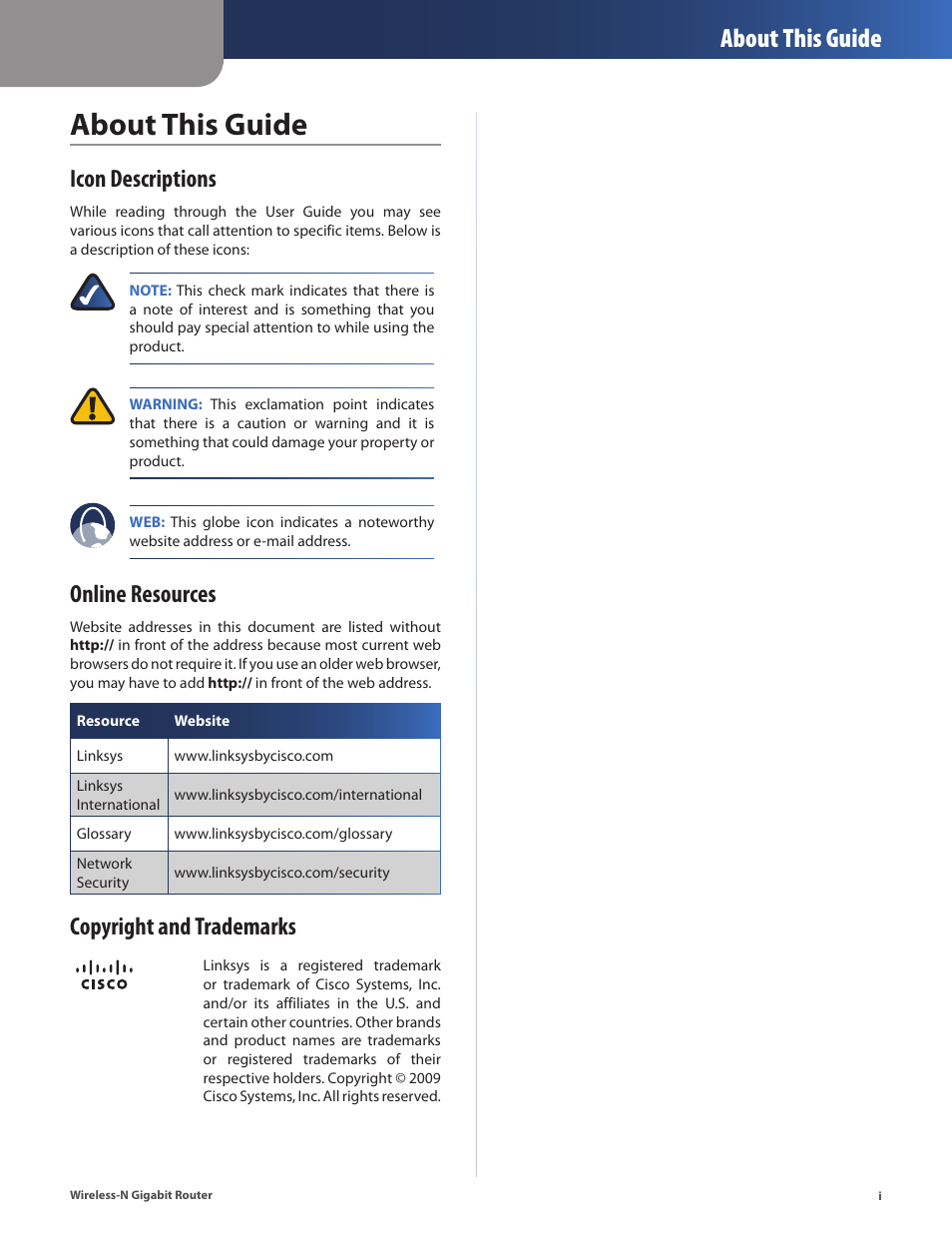 About this guide, Icon descriptions, Online resources | Copyright and trademarks | Cisco WRT310N User Manual | Page 2 / 53