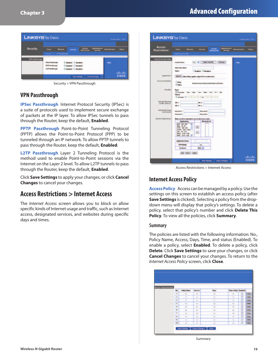 Access restrictions > internet access, Advanced configuration, Vpn passthrough | Internet access policy | Cisco WRT310N User Manual | Page 20 / 53