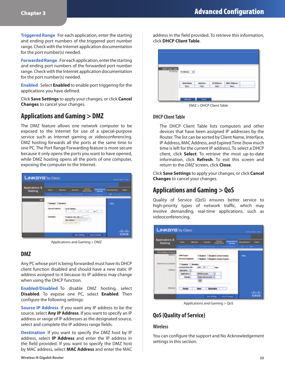 Applications and gaming > dmz, Applications and gaming > qos, Advanced configuration | Qos (quality of service) | Cisco WRT310N User Manual | Page 23 / 53