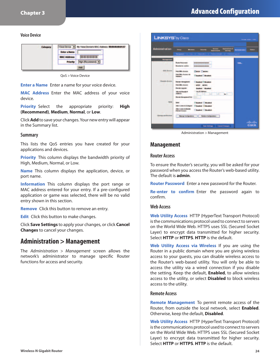 Administration > management, Advanced configuration, Management | Cisco WRT310N User Manual | Page 25 / 53