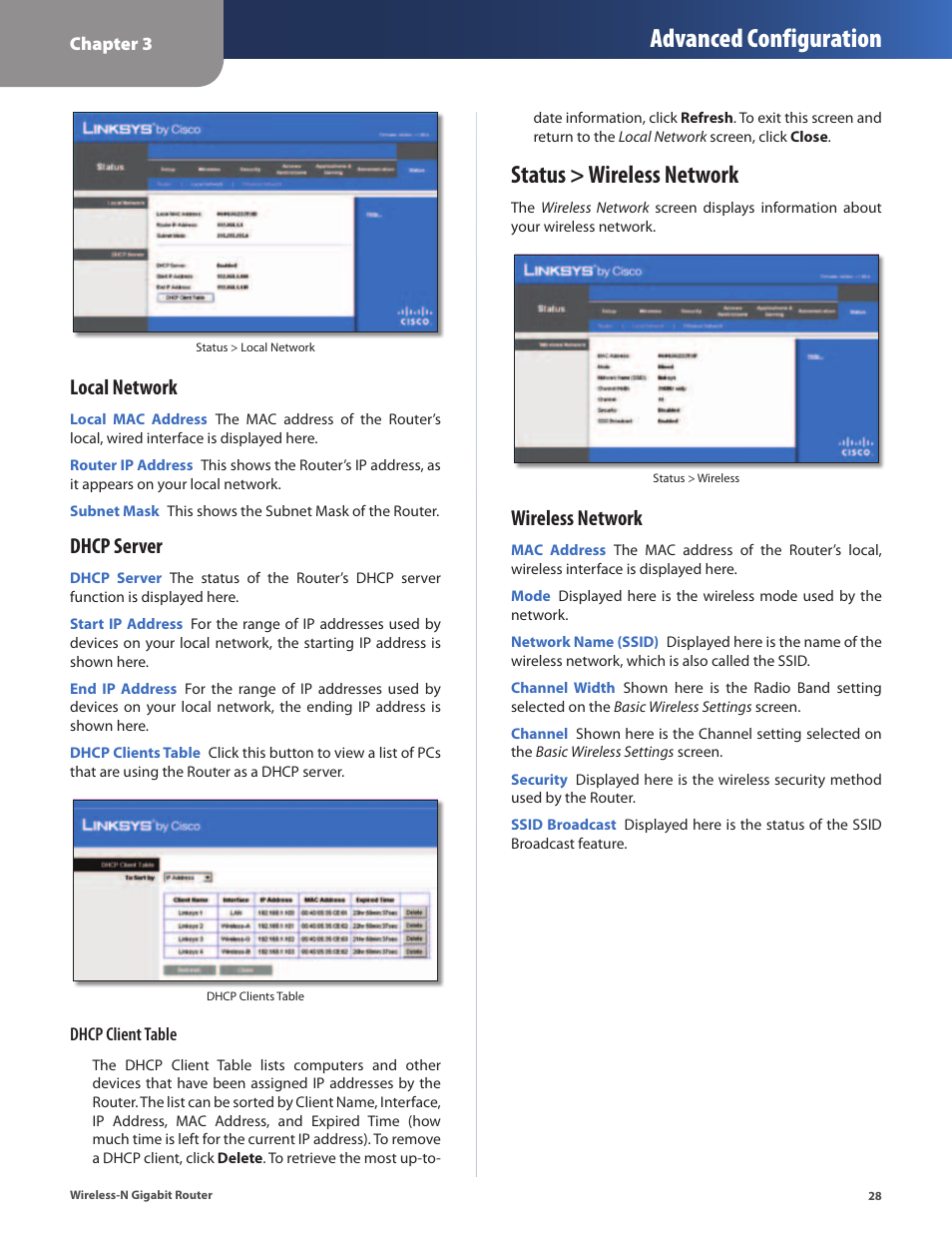 Status > wireless network, Advanced configuration, Local network | Dhcp server, Wireless network | Cisco WRT310N User Manual | Page 29 / 53