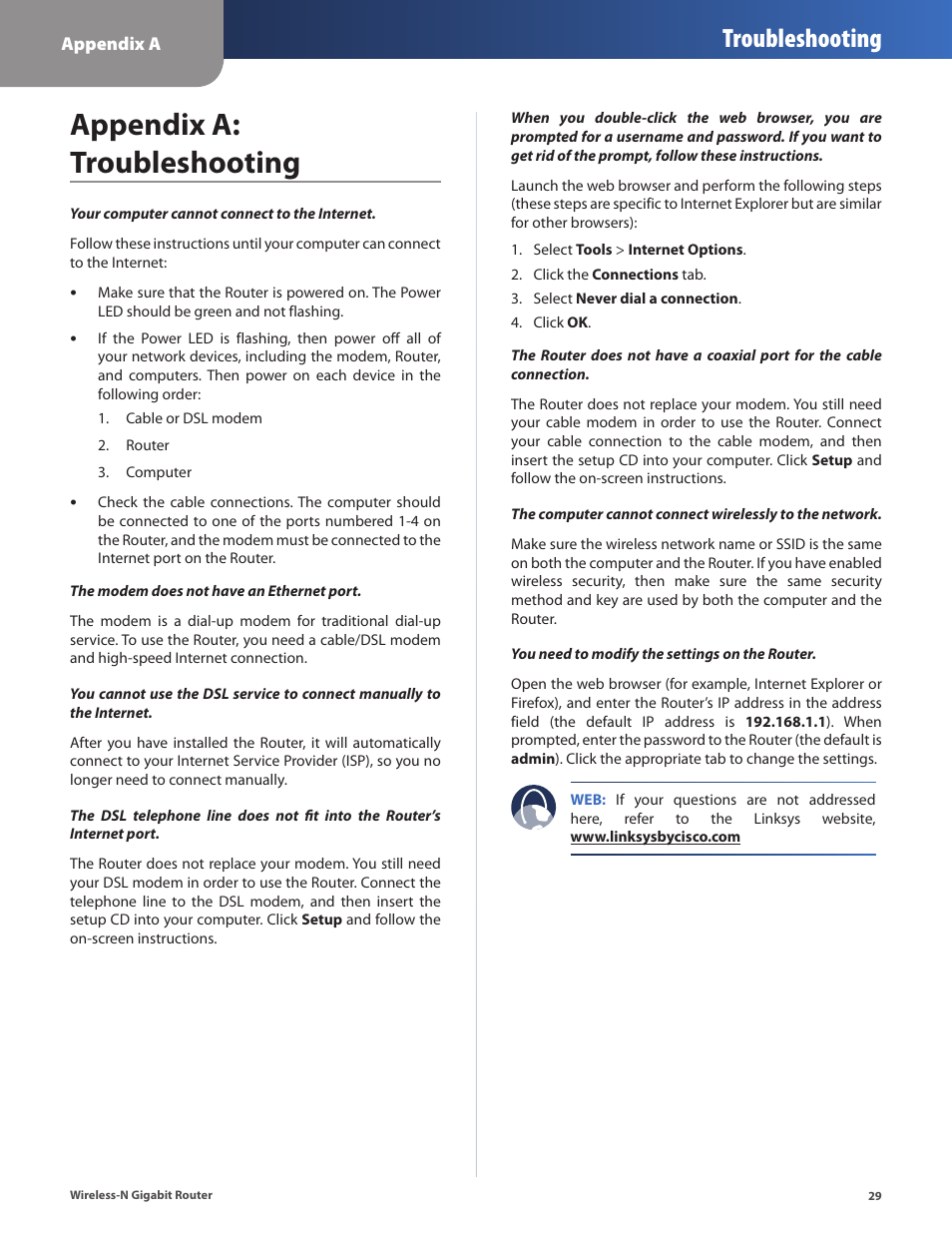 Appendix a: troubleshooting, Appendix a, Troubleshooting | Cisco WRT310N User Manual | Page 30 / 53