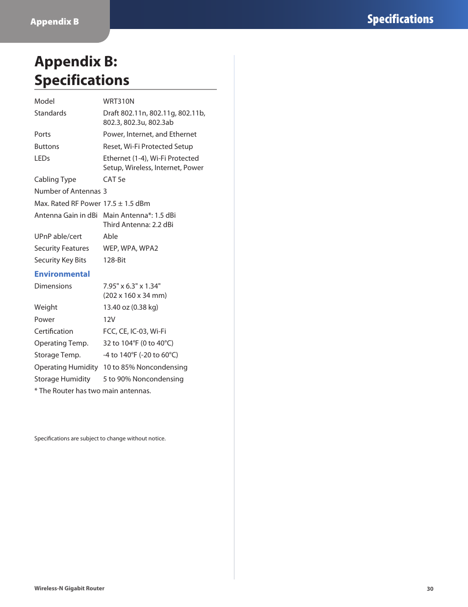 Appendix b: specifications, Appendix b, Specifications | Cisco WRT310N User Manual | Page 31 / 53