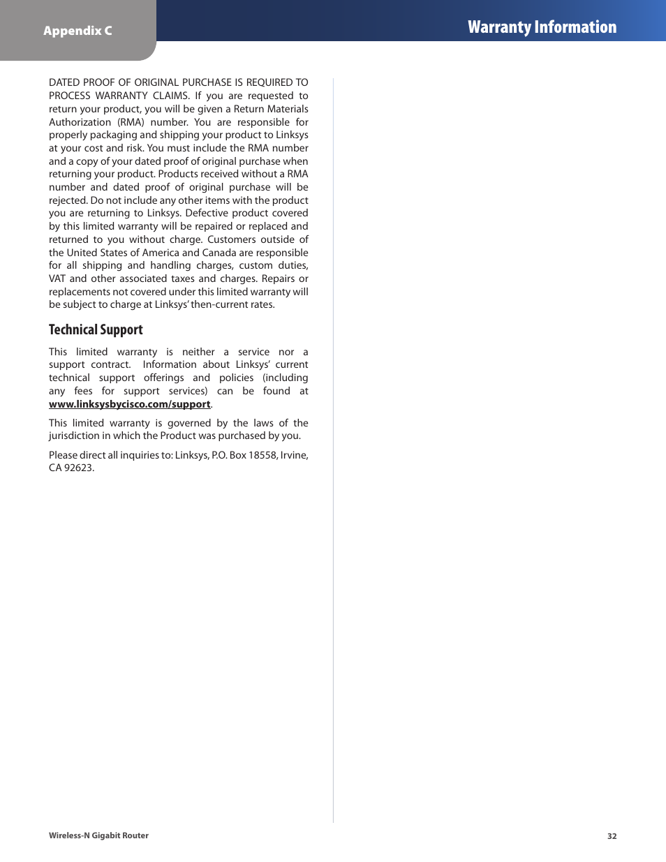 Warranty information, Technical support | Cisco WRT310N User Manual | Page 33 / 53