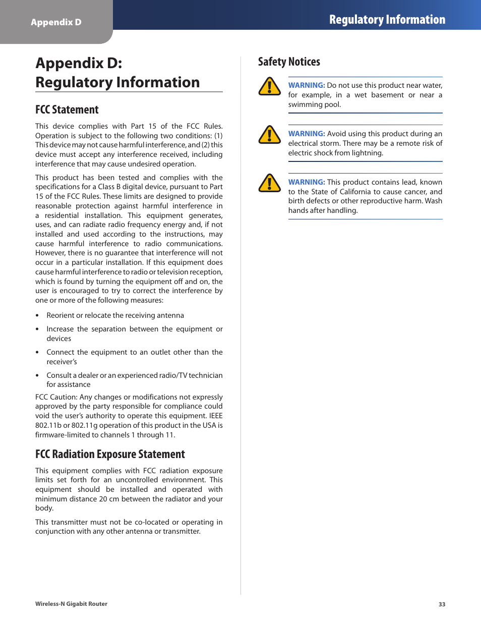 Appendix d: regulatory information, Fcc statement, Fcc radiation exposure statement | Safety notices, Appendix d, Regulatory information | Cisco WRT310N User Manual | Page 34 / 53