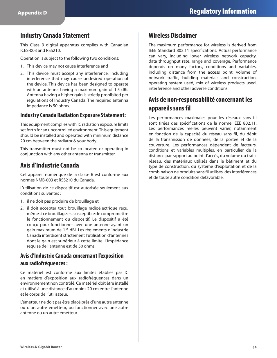 Industry canada statement, Avis d’industrie canada, Wireless disclaimer | Regulatory information, Industry canada radiation exposure statement | Cisco WRT310N User Manual | Page 35 / 53