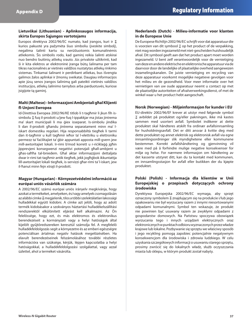 Regulatory information, Appendix d | Cisco WRT310N User Manual | Page 38 / 53